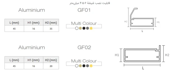 جدول مشخصات پروفیل فریم لس قاب شیشه ای